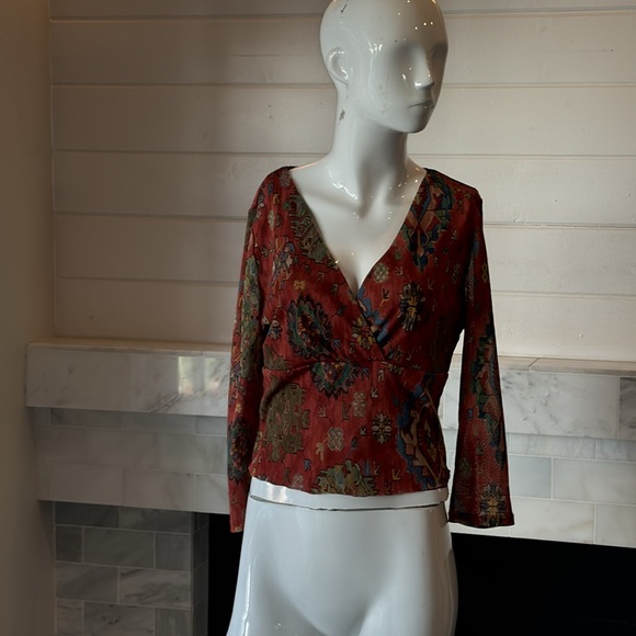 Y2K Rust Multi Ikat Print Surplice Neckline Croped Mesh Top Size - Picture 1 of 9